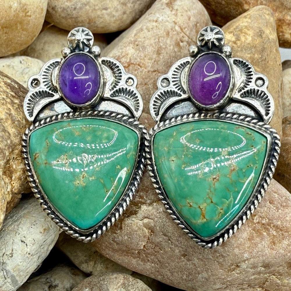Native American Sterling Silver Turquoise & Amethyst Earrings “Revé” – 22.64g - Picture 8 of 17
